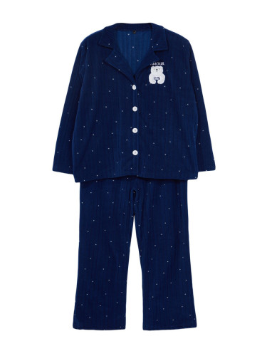 Trendyol Curve Navy Blue Polka Dot Shirt Collar Knitted Pajama Set