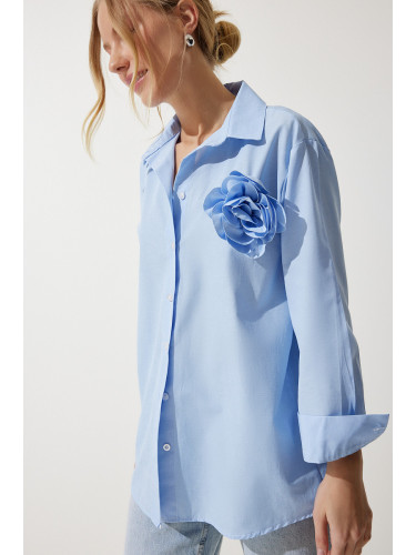 Happiness İstanbul Women's Sky Blue Premium Flower Brooch Detailed Shirt