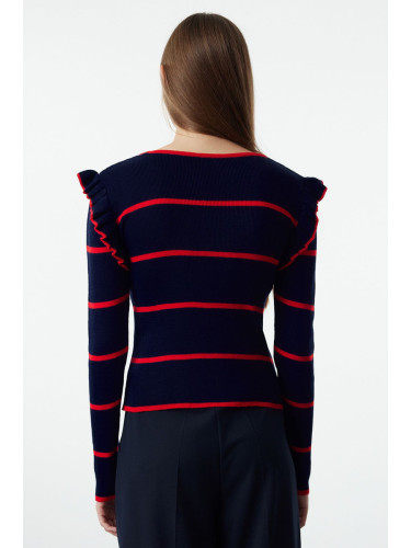 Trendyol Navy Blue Shoulder Flounce Striped Knitwear Sweater
