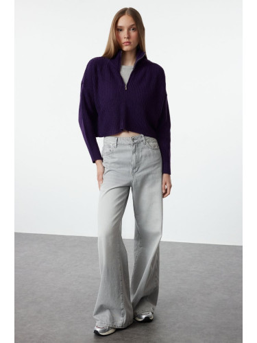Trendyol Purple Super Crop Zippered Knitwear Sweater