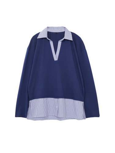 Trendyol Navy Blue Striped Poplin Detailed Polo Neck Relaxed/Casual Cut Knitted Blouse