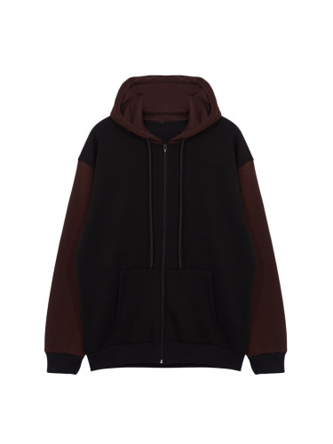 Trendyol Black Oversize/Wide Cut Hooded Color Blocked Zippered Cardigan/Sweatshirt with Fleece Inside