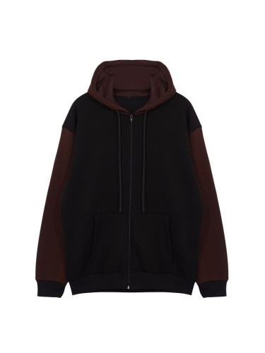 Trendyol Black Oversize/Wide Cut Hooded Color Block Fleece Inside/Warm Zippered Cardigan/Sweatshirt