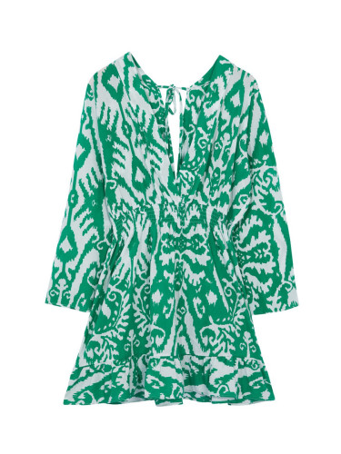Trendyol Curve Green Ethnic Patterned Spanish Sleeve Skater Mini Woven Beach Dress