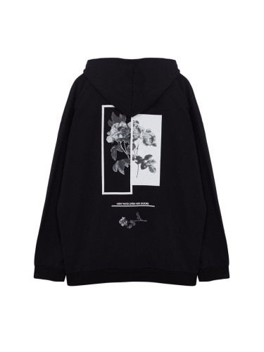 Trendyol Large Size Black Oversize/Wide Cut Hooded Floral Printed Sweatshirt with Fleece Inside