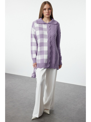Trendyol Lilac Plaid Polo Neck Knitwear Sweater