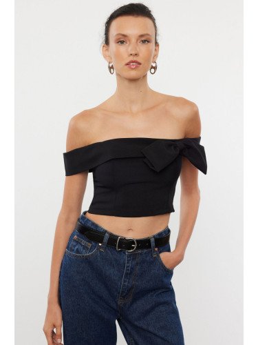 Trendyol Black Bow Detailed Carmen Collar Crop Woven Blouse