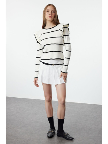 Trendyol Ecru Shoulder Flounce Striped Knitwear Sweater