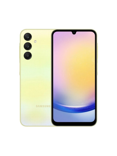 Смартфон Samsung Galaxy A25 5G (жълт), поддържа 2 SIM карти, 6.78" (16.51cm) AMOLED 120Hz дисплей, осемядрен Exynos 1280 2x2.4GHz & 6x2GHz, 6GB RAM, 128GB Flash памет(+microSD слот), 50 + 8 + 2 + 13 Mpix камери, Android, 197g