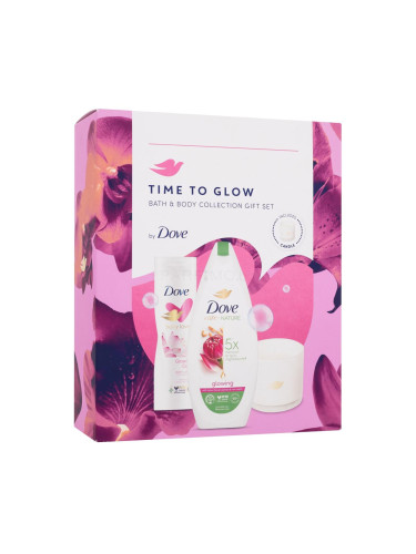 Dove Time To Glow Bath & Body Collection Подаръчен комплект душ гел Care By Nature Glowing 225 ml + мляко за тяло Body Love Glowing Care 250 ml + ароматна свещ 1 бр