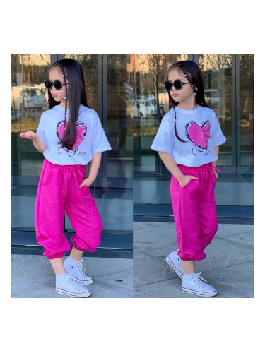 Комплект от тениска в бяло със сърце и панталон в циклама