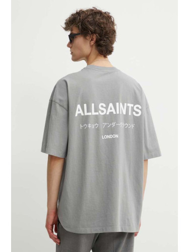 Памучна тениска AllSaints UNDERGROUND SS CREW в сиво с принт