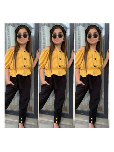 Детски комплект за момиче от къс топ с къдрички и паднало рамо в горчи