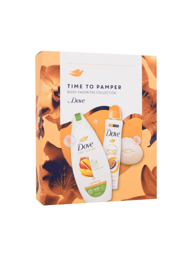 Dove Time To Pamper Body Favorites Collection Подаръчен комплект душ гел Care By Nature Uplifting 225 ml + твърд сапун Pampering Beauty Cream Bar 90 g + антиперспирант Advanced Care Passion Fruit & Lemongrass Scent 150 ml