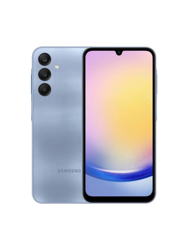 Смартфон Samsung Galaxy A25 5G (син), поддържа 2 SIM карти, 6.78" (16.51cm) AMOLED 120Hz дисплей, осемядрен Exynos 1280 2x2.4GHz & 6x2GHz, 6GB RAM, 128GB Flash памет(+microSD слот), 50 + 8 + 2 + 13 Mpix камери, Android, 197g