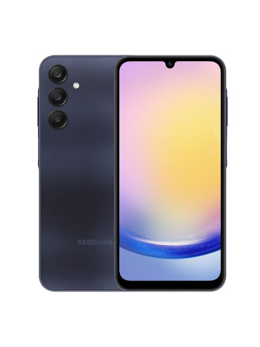 Смартфон Samsung Galaxy A25 (тъмносин), поддържа 2 SIM карти, 6.5" (16.51cm) Super AMOLED 120Hz дисплей, осемядрен Exynos 1280 2x2.4GHz & 6x2.0GHz, 6GB RAM, 128GB Flash памет(+microSD слот), 50 + 8 + 2 & 13 Mpix камери, Android, 197g