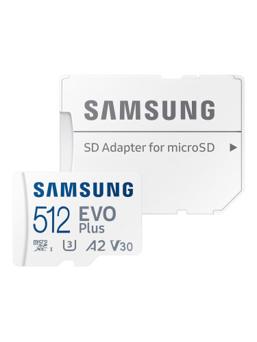 Карта памет 512GB microSDXC с адаптер, Samsung EVO Plus, UHS-I U3 V30, скорост на четене до 160MB/s