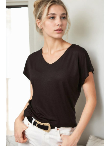 77002 Dewberry V-Neck Basic Women T-Shirt-BLACK