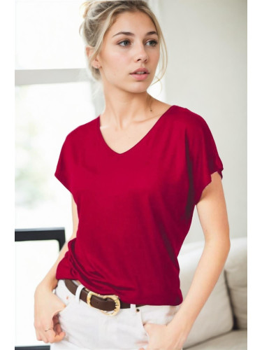 77002 Dewberry V-Neck Basic Women T-Shirt-BURGUNDY