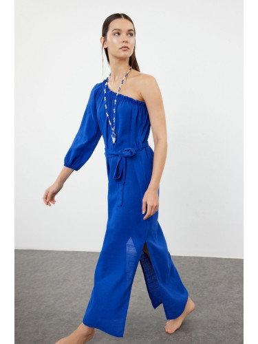 Trendyol Saxe Belted Maxi Woven Flounce/Ruffle Detailed Linen Blend One Shoulder Beach Dress