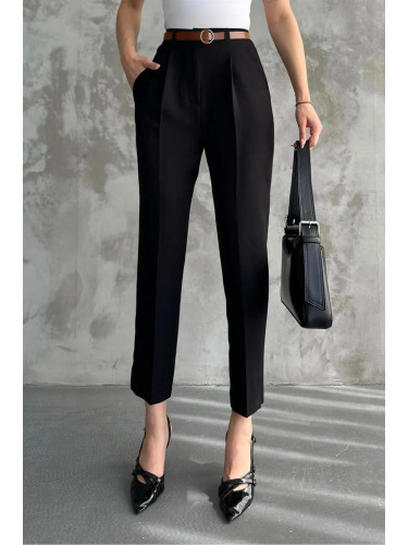 67537 Dewberry Skinny Leg Belted Women Trousers-BLACK