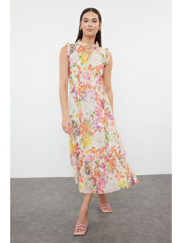 Trendyol Ecru Floral Patterned A-Line Midi Lined Chiffon Woven Dress