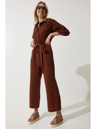 Happiness İstanbul Women's Brown Premium Belted Muslin Jumpsuit