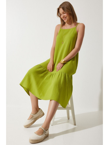 Happiness İstanbul Women's Pistachio Green Strappy Summer Loose Muslin Dress