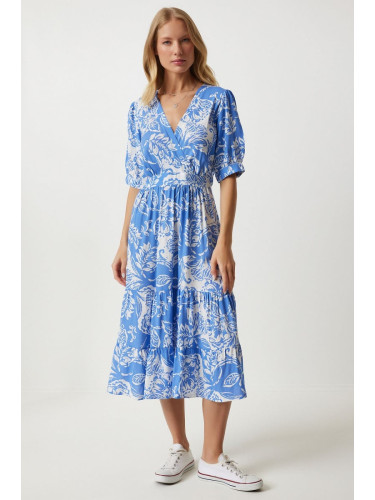 Happiness İstanbul Women's Blue Wrap Collar Floral Summer Viscose Dress