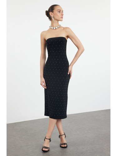 Trendyol Black Fitted Stone Printed Knitted Elegant Evening Dress