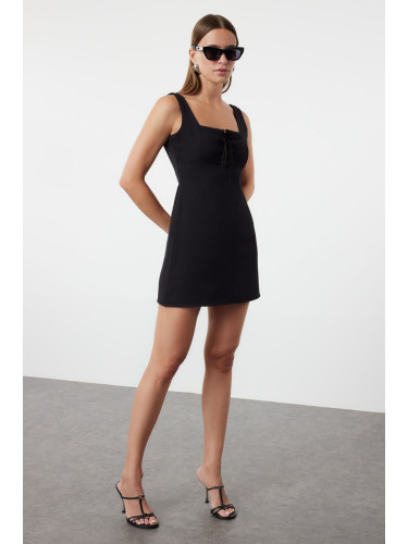 Trendyol Black Straight Cut Mini Woven Dress with Bow Detail on the Collar