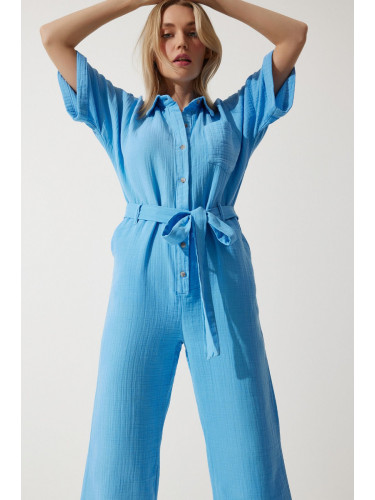 Happiness İstanbul Women's Blue Premium Belted Muslin Jumpsuit