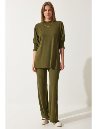 Happiness İstanbul Women's Khaki Ribbed Knitted Blouse Pants Suit