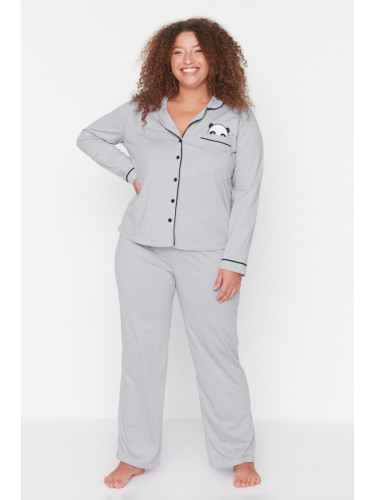 Trendyol Curve Gray Melange Shirt Collar Panda Printed Knitted Pajama Set