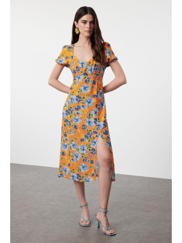 Trendyol Orange Flower Patterned A-Line Short Sleeve Maxi Woven Dress