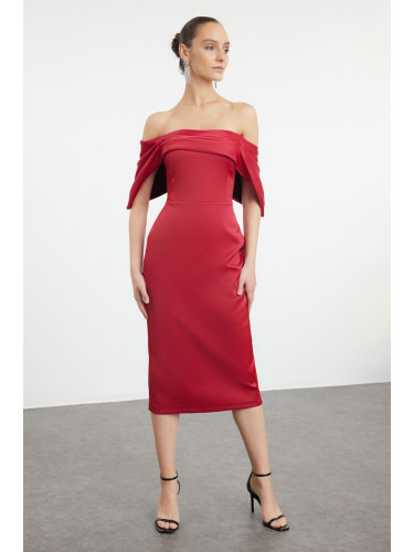 Trendyol Dark Red Fitted Carmen Neckline Satin Woven Dress