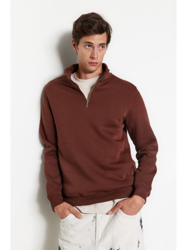 Trendyol Brown Regular/Normal Cut Stand Collar Zippered Sweatshirt