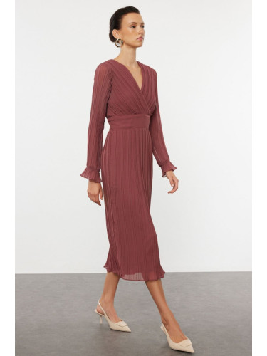 Trendyol Dusty Rose Pleated Lined Chiffon Midi Woven Dress