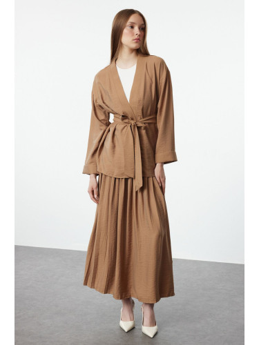 Trendyol Camel Belted Kimono-Pleated Skirt Woven Bottom-Top Set