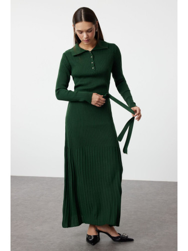 Trendyol Dark Green Belted Polo Neck Ribbed Knitwear Dress