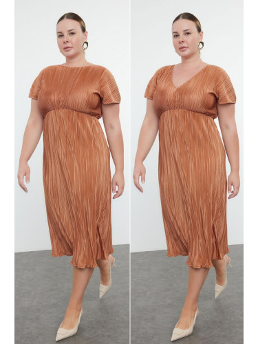 Trendyol Curve Brown Reversible Pleated Midi Plus Size Dress