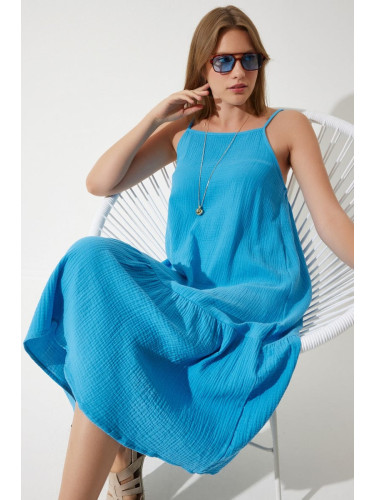 Happiness İstanbul Women's Blue Strappy Summer Loose Muslin Dress