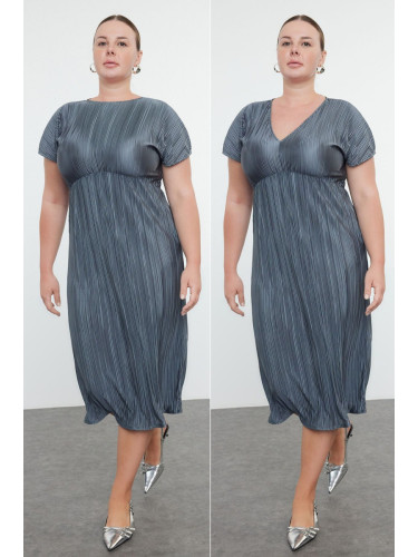 Trendyol Curve Anthracite Reversible Pleated Midi Plus Size Dress