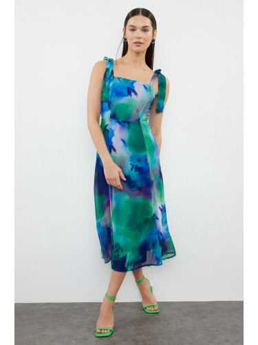 Trendyol Blue Floral A-Line Slit Back Gipe Detailed Chiffon Lined Midi Woven Dress