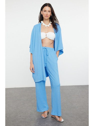 Trendyol Blue Woven Crepe Kimono Trouser Set