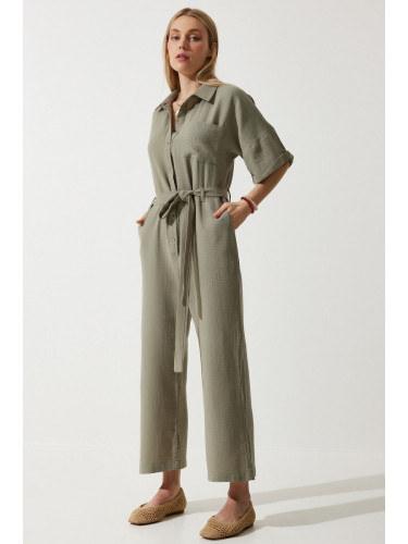 Happiness İstanbul Women's Khaki Premium Belted Muslin Jumpsuit