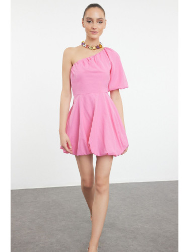 Trendyol Pink A-Line One-Shoulder Balloon Skirt Detailed Woven Poplin Short Dress