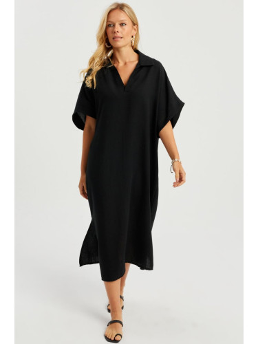 Cool & Sexy Women's Black Linen Midi Dress DMR85