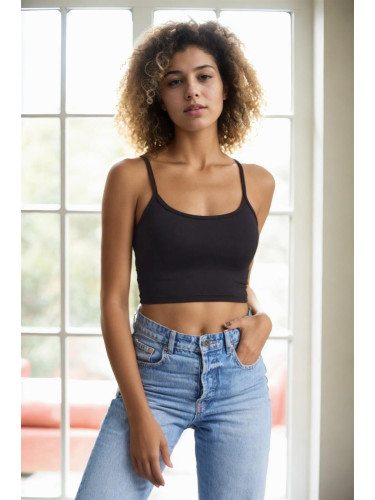 90499 Dewberry Scuba Fabric Rope Strap Crop Top-BLACK