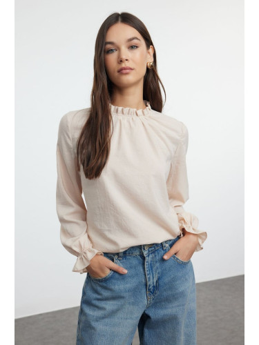 Trendyol Stone High Collar Long Sleeve Woven Blouse